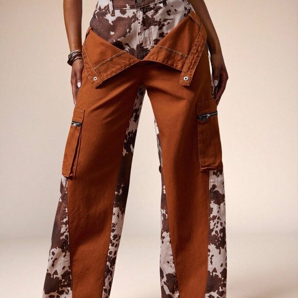 Multicolor Casual Women's Leopard Print Baggy Cargo Fold Over Jeans - Picture 4 of 5